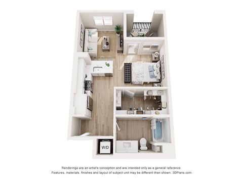 A floor plan of a two-bedroom apartment with a living room, kitchen, and bathroom.
